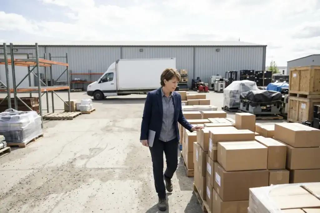 A woman walks through an industrial yard filled with business equipment during a closing of business. She looks closely at stacked items and a parked van is visible behind her under bright daylight.
