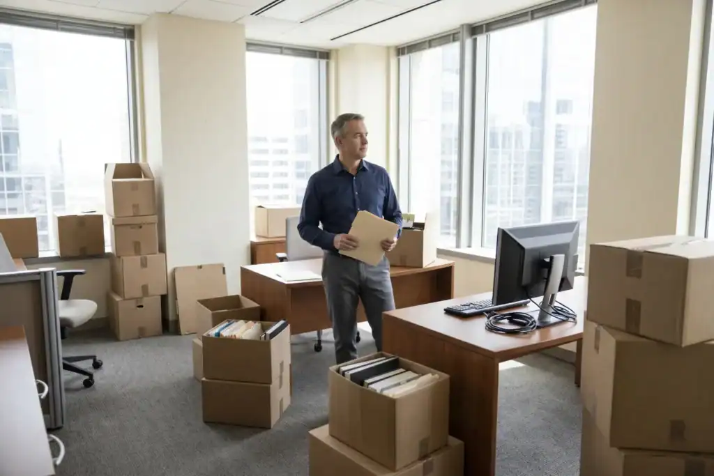 A man stands in a partially emptied office with boxes packed around him as he prepares for a business closing. The space looks quiet and in transition with minimal equipment left.