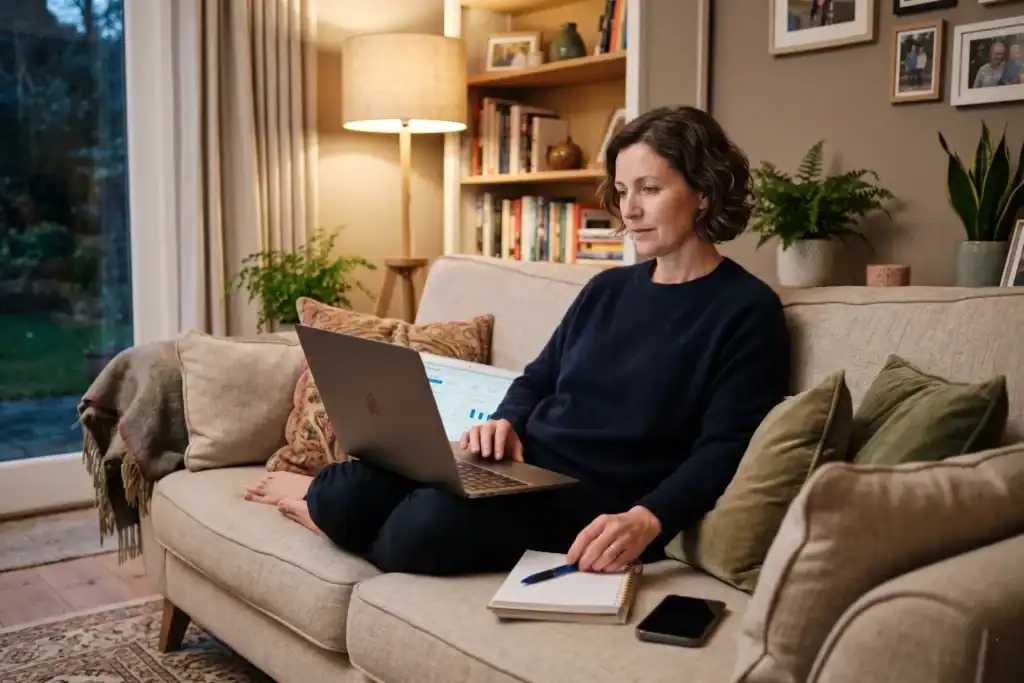 A woman sits on a sofa while checking her laptop for account updates after closing her business. The room feels calm and comfortable.
