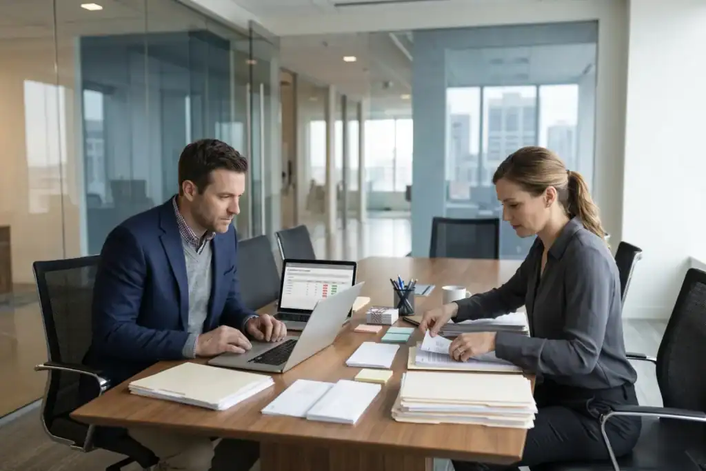 A man and a woman business partners sit at a table while organising documents during a business closing. Papers and a laptop show that they are finalising cancellations.