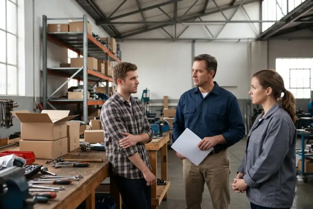 A man speaks to two employees inside a workshop during the closing of his business. The workers listen closely while tools and packed boxes sit around them.