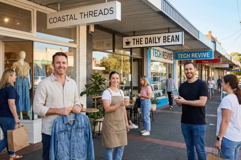 Three small business owners stand in front of their shops on a busy Australian street. A man owns a clothing store, a woman runs a cafe, and a young man operates a tech repair shop. The scene is crowded with pedestrians and vibrant shopfronts, showcasing the strength of small businesses in the community.