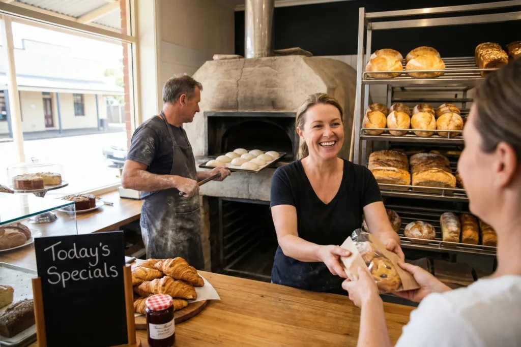 A middle-aged couple runs a family-owned bakery in a small Australian town. The man is preparing fresh bread behind the counter, while the woman interacts with a customer, handing over a pastry. The cozy, inviting bakery features shelves full of baked goods and a warm atmosphere.