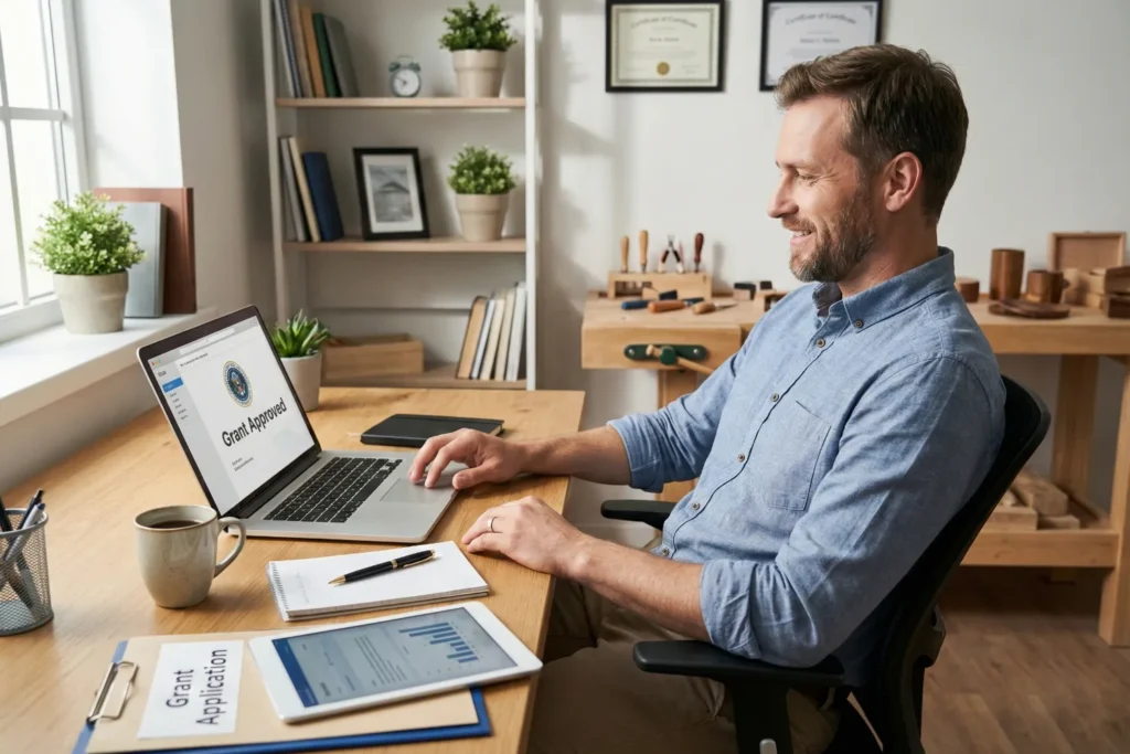 A small business owner sits at his desk, smiling as he reads an email about a government grant approval. The office is well-lit, with shelves of books and plants, and a workbench in the background showing products ready for sale. The scene captures the optimism and relief of receiving government support.