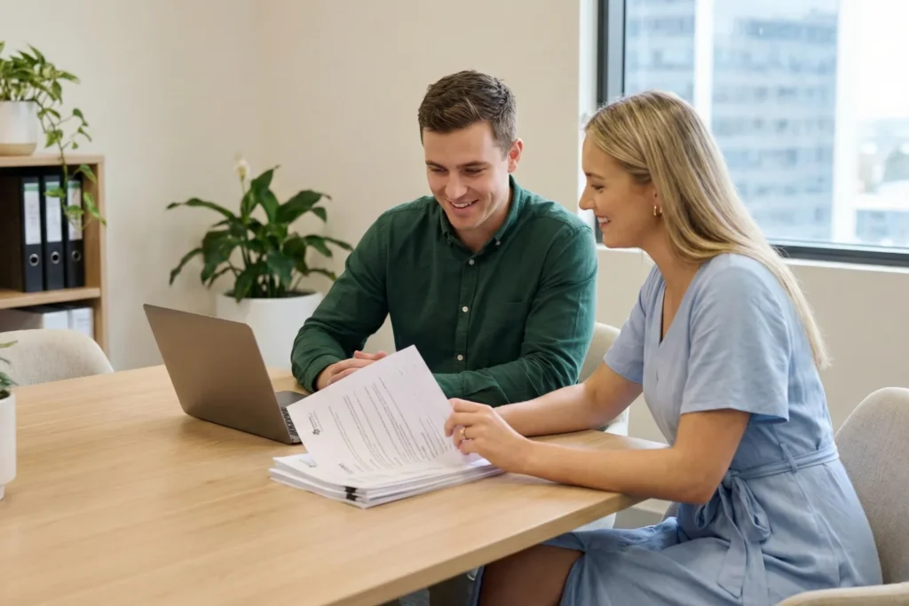 Young Australian entrepreneur couple reviewing government grant documents together in a professional office environment.
