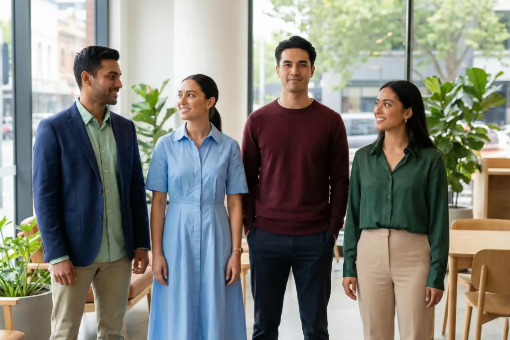 Group of young Australian entrepreneurs standing together in a modern office space, dressed in colourful yet professional clothing. They represent leadership and innovation.