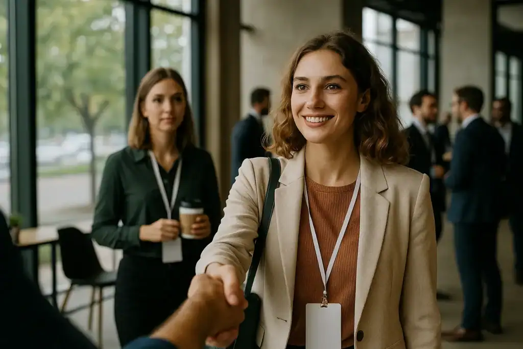 Professionals shaking hands at business networking event
