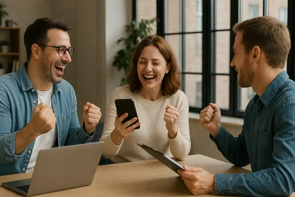Marketing team celebrating positive customer feedback 