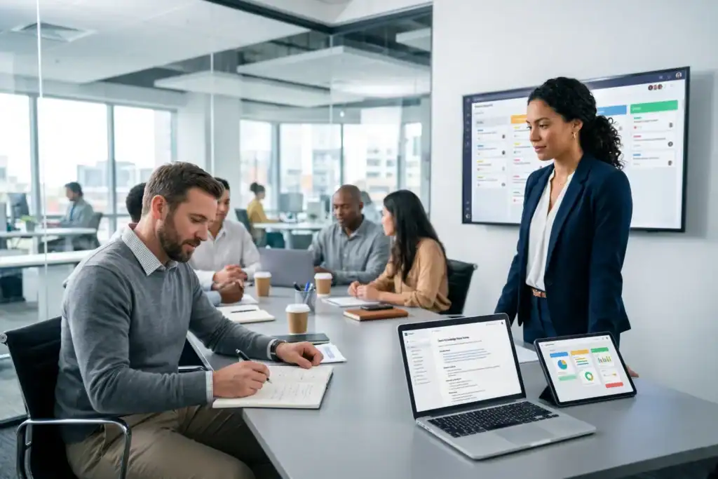 A man and a woman work together in a modern meeting room with digital screens showing project boards and documents. Other team members sit nearby as they review tasks and plan their work.