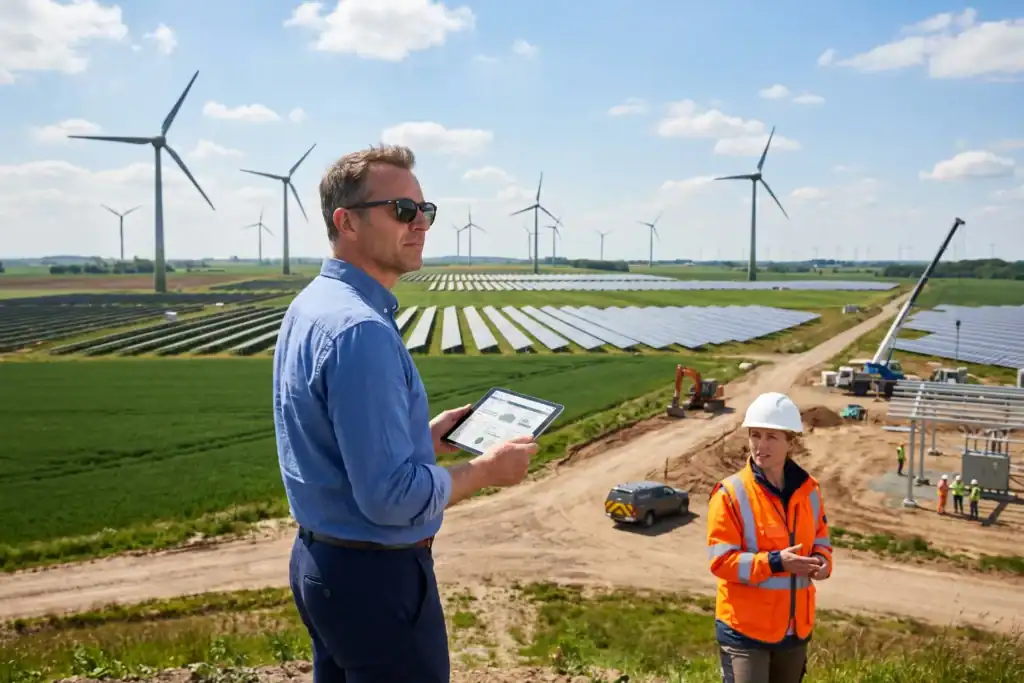 A man stands at a large renewable energy site with wind turbines and solar panels across a wide landscape. A woman in safety gear stands nearby as they review the project on a tablet.