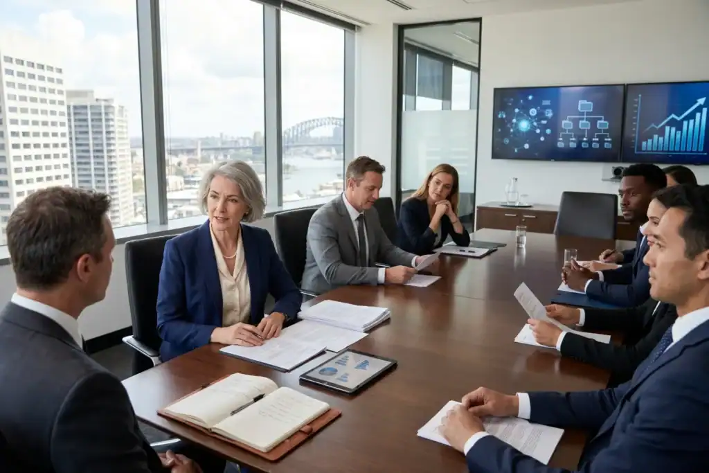 A woman leads a meeting in a large boardroom with several men and women seated around a long table. The room has large windows with a city view and screens that show business visuals on the walls.