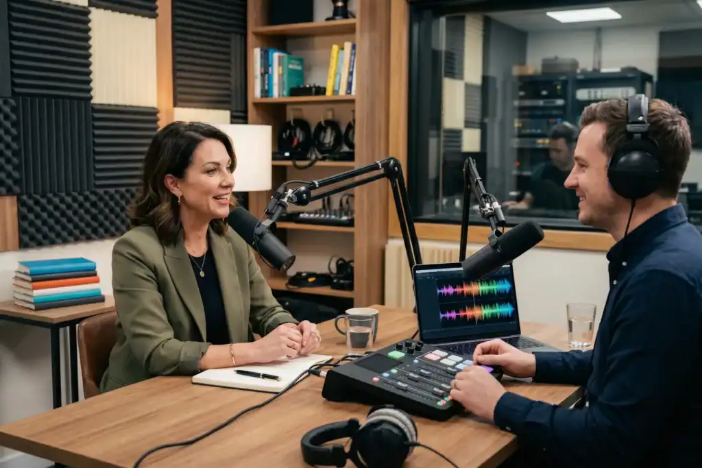A woman speaks into a microphone while sitting across from a man in a podcast studio. The room has recording equipment, a laptop with audio tracks, and soft lighting on the walls.