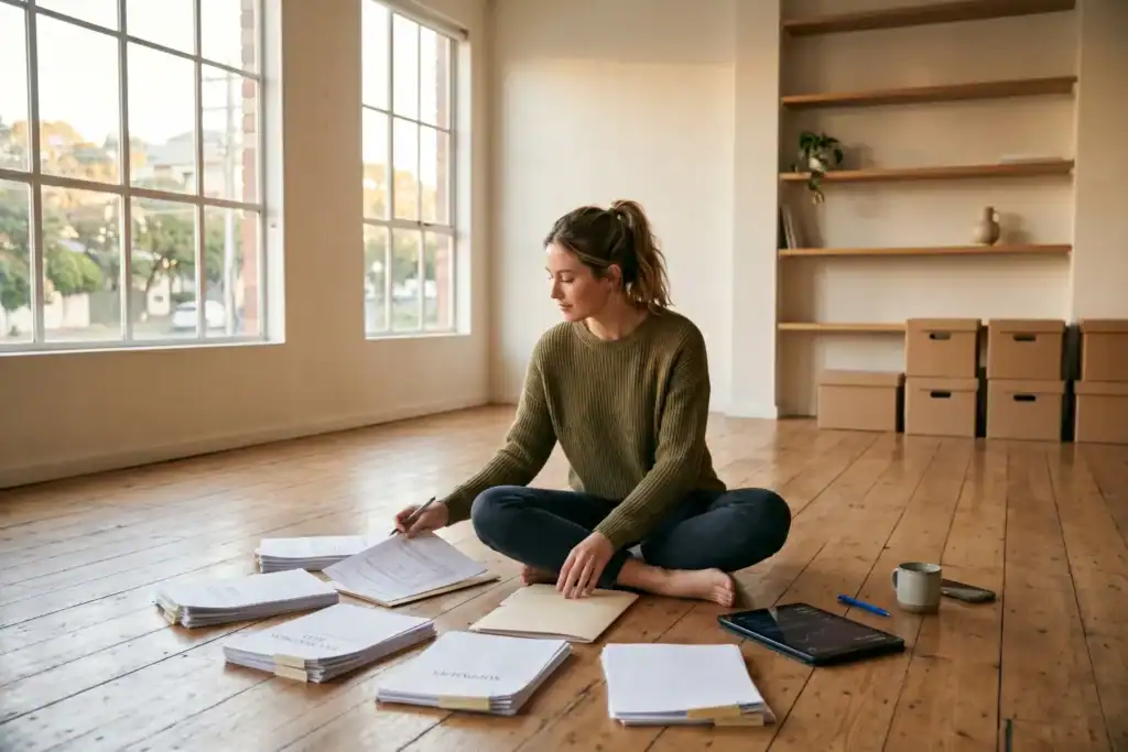 A woman sits on the floor sorting business papers into organised piles in a nearly empty room. The space has boxes and soft sunlight coming through large windows.