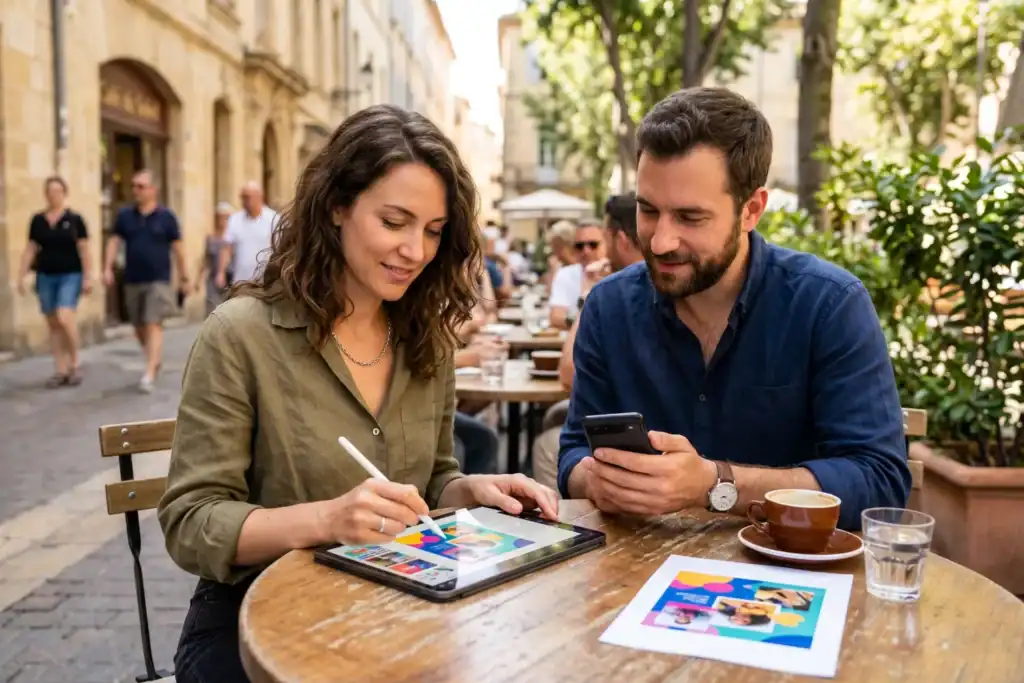 A woman sits at an outdoor café with a man as she creates a design on a tablet. The table has a coffee cup and a printed page while a street scene appears in the background.