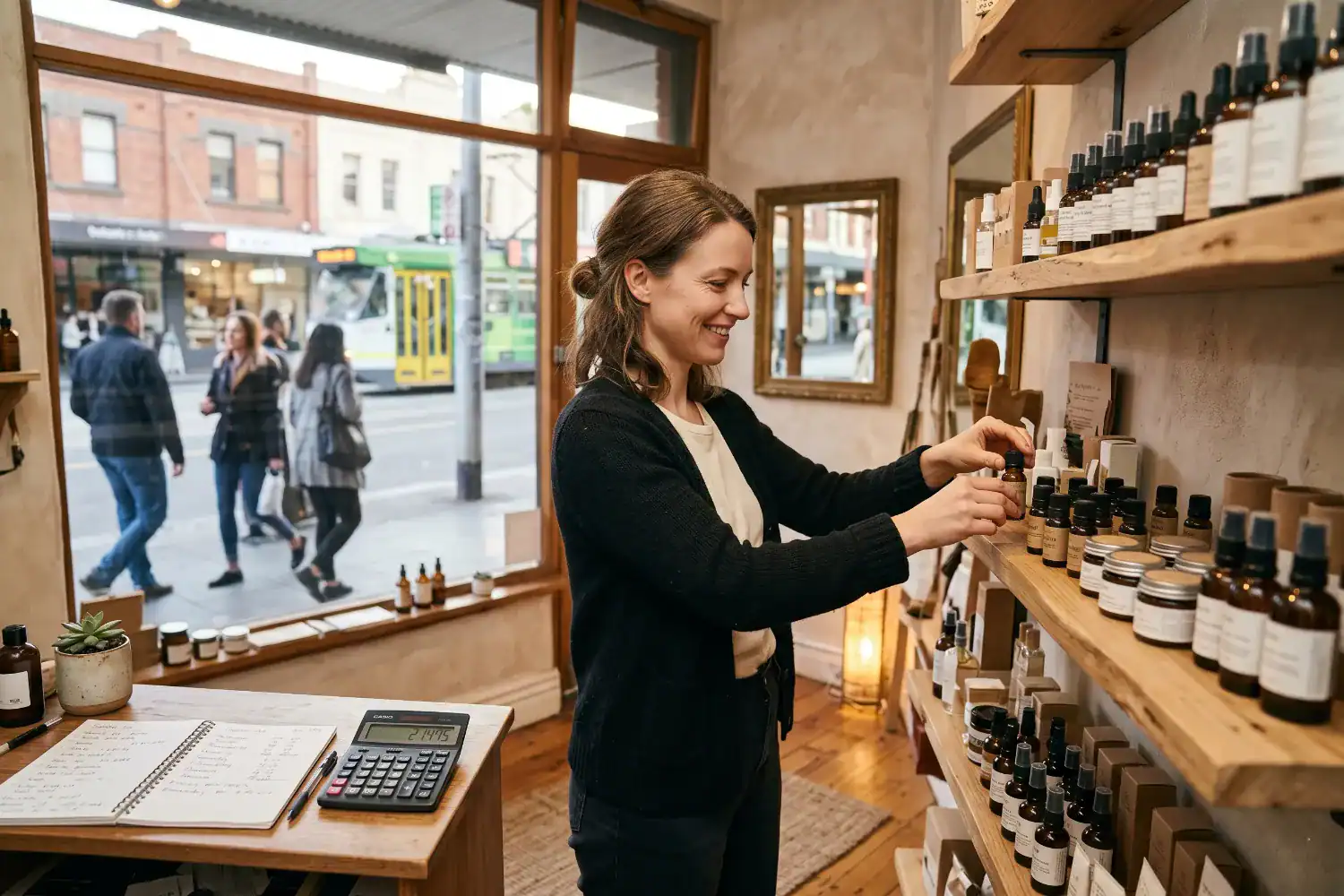 A woman (not Jo Horgan) stands inside a small beauty shop and carefully arranges products on wooden shelves. The store looks modest and warm, and a notebook with business notes sits on the counter nearby.