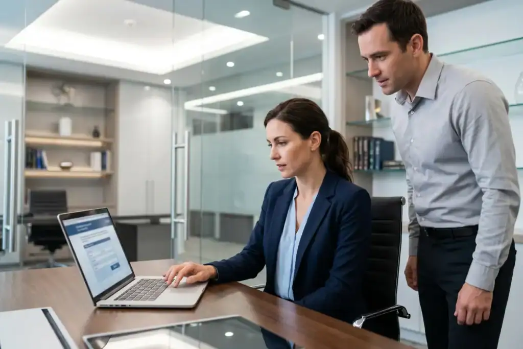 A female director prepares to submit an online form on a laptop while a male colleague watches nearby. The scene shows a careful step in the deregistration process.