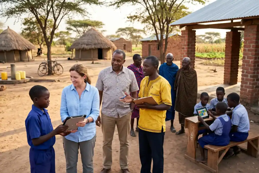 A man and a woman stand with a local man in a village while children use tablets at simple desks. Small buildings and trees appear in the background under warm sunlight.
