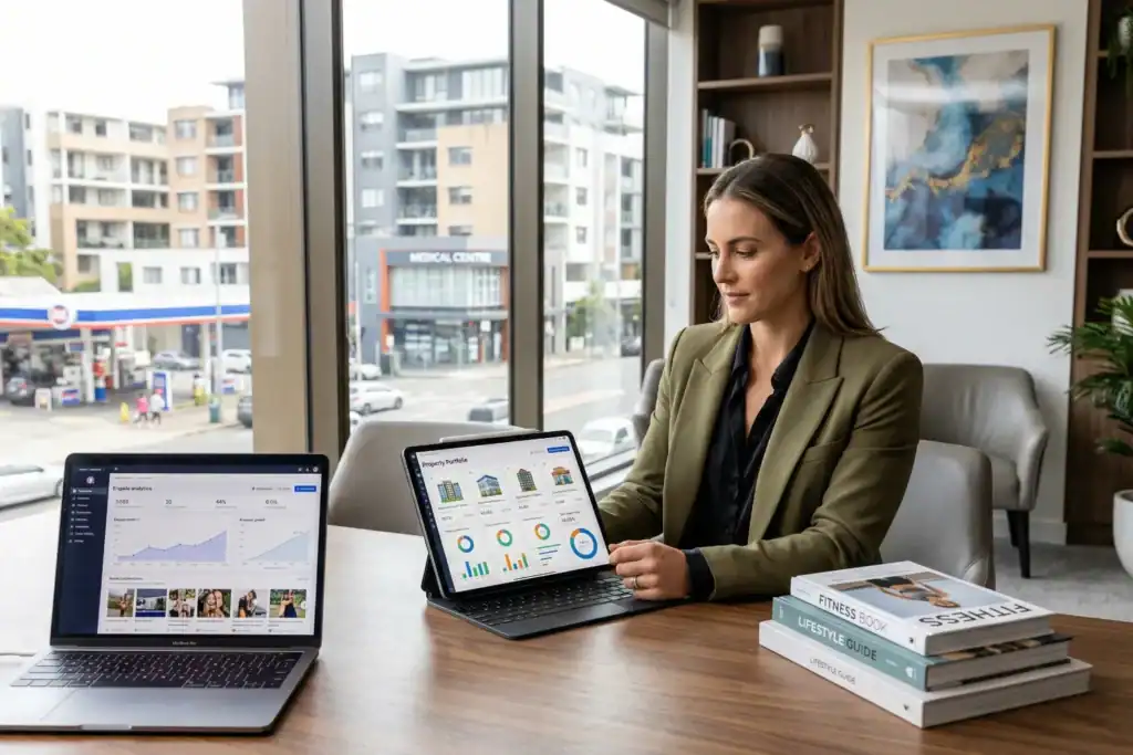 A woman sits at a large desk and reviews property and social media data on digital screens. Books and a city view with commercial buildings appear around her in a modern office.