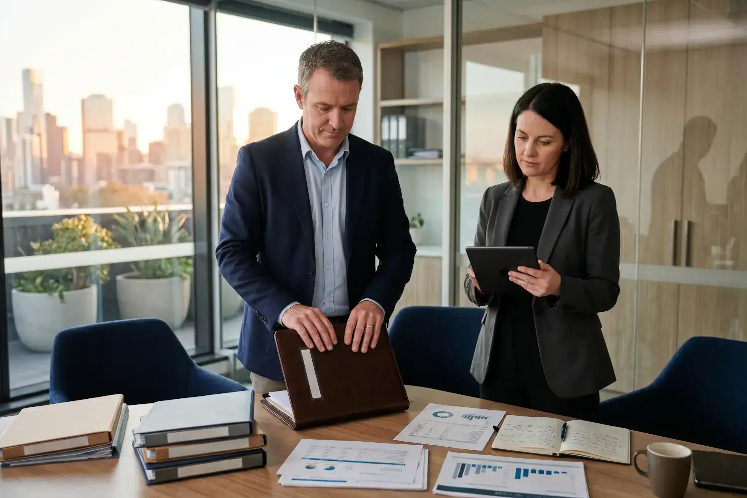 A male business owner and a female legal adviser review company records in a modern Australian meeting room. Their organised documents and calm expressions show a careful business closure process.