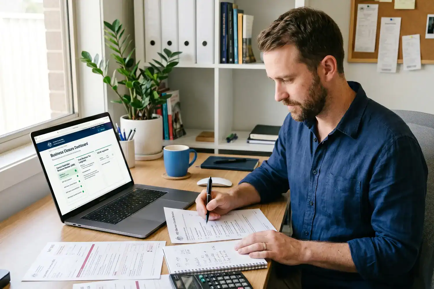 A man sits at a desk reviewing official papers and a laptop about how to close a sole trader business in Australia. The workspace shows tax forms, a notebook, and a calm home office setting.