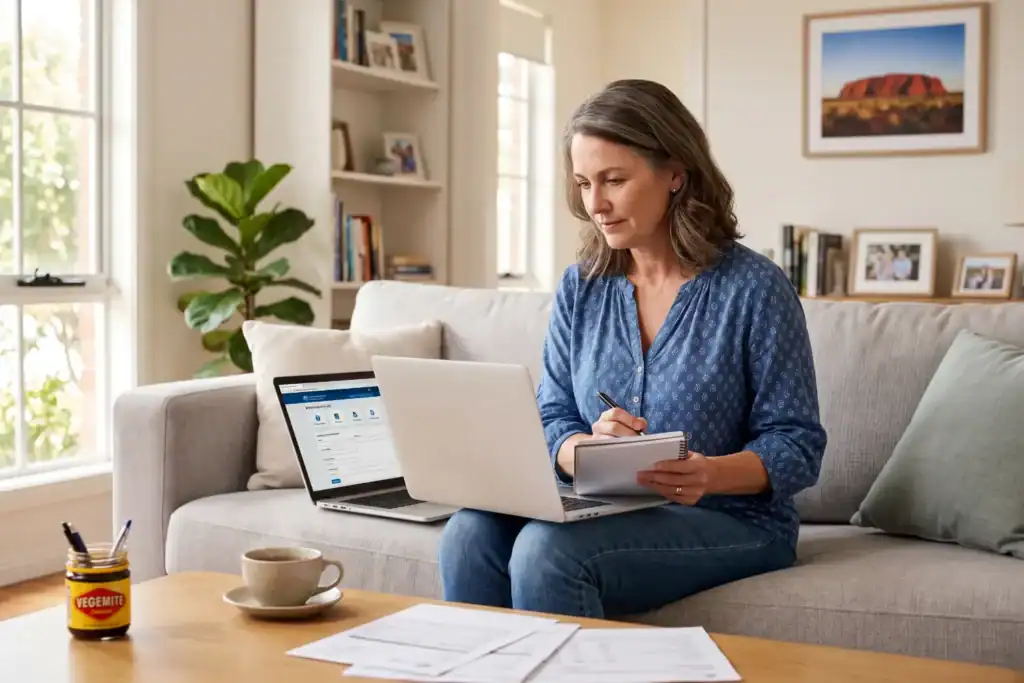 A woman sits on a sofa and uses a laptop while checking notes in a notebook. The image shows how to close an ABN from home in a relaxed setting.