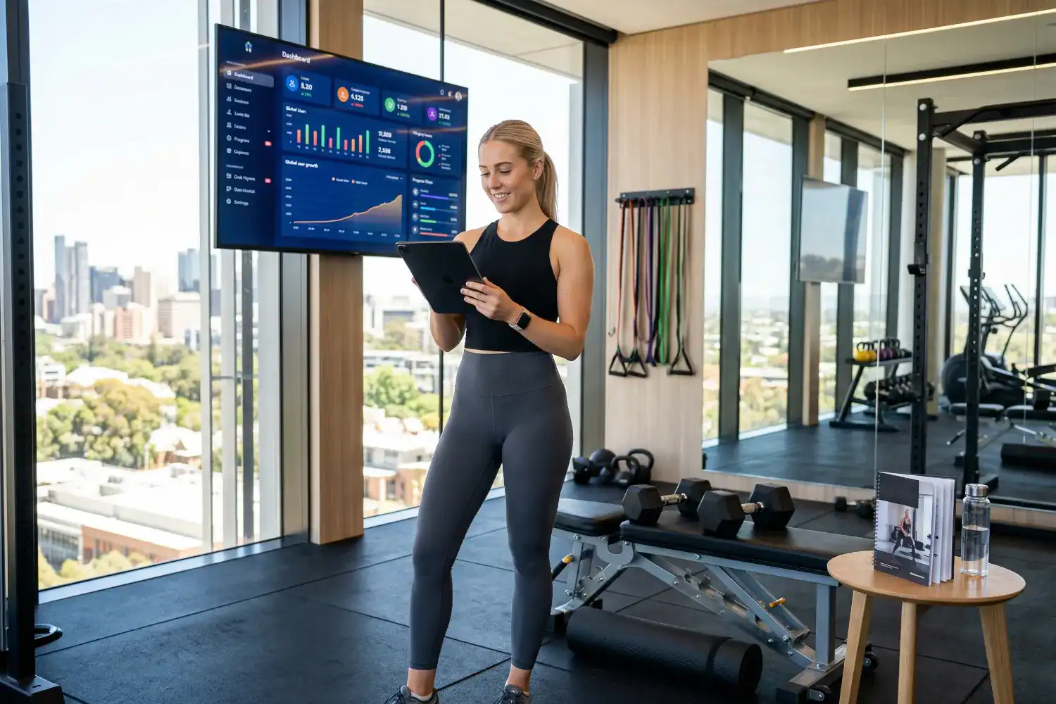 A woman stands in a bright gym and holds a tablet with a workout plan. Fitness equipment and a large screen with charts appear behind her in a modern studio setting.