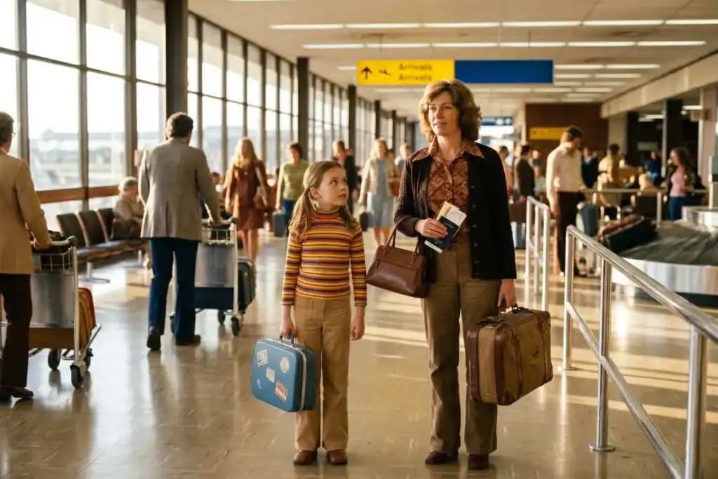A young girl stands with her mother in an airport arrivals hall, each holding luggage. They look around as bright sunlight fills the space, marking their arrival in a new country.