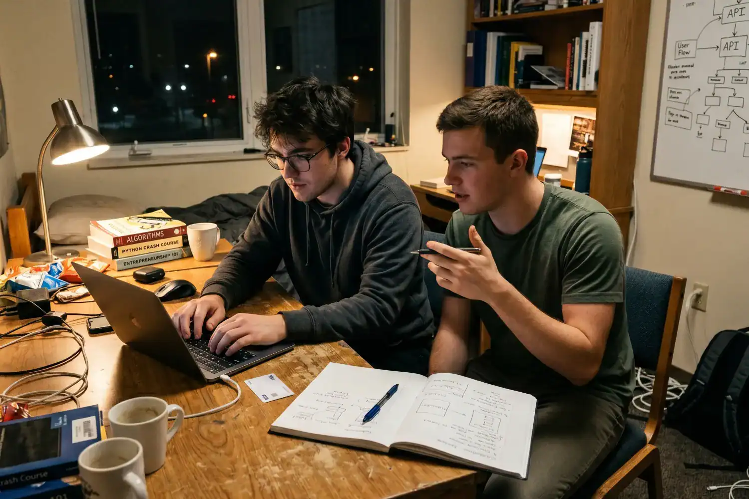 Two young men sit at a small desk in a dimly lit room with a laptop and scattered study materials. A credit card rests beside the laptop as they focus on building a software idea together.