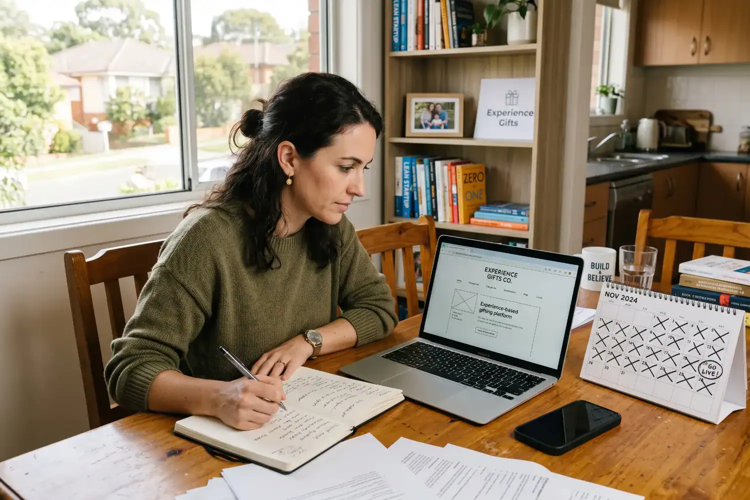 A woman sits at a dining table that doubles as her workspace, with a laptop and scattered notes in front of her. The room shows a simple home setting with warm light and a quiet street visible through the window.