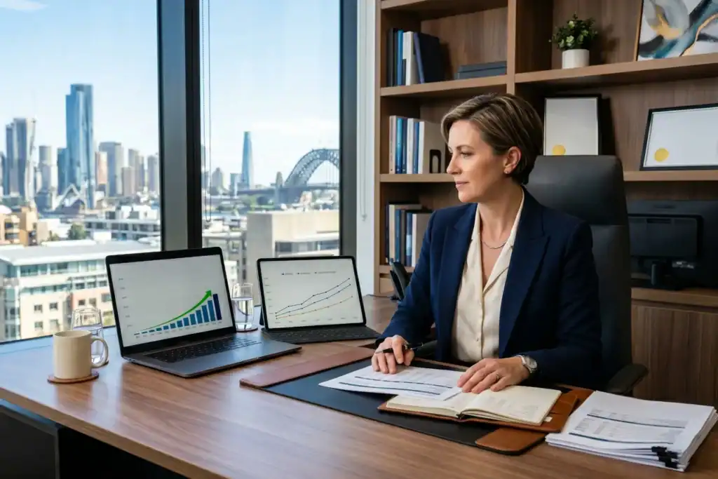 A woman sits at a desk in a modern office with financial charts displayed on her laptop and tablet. Large windows show a city skyline behind her, and the room has a clean and professional look.