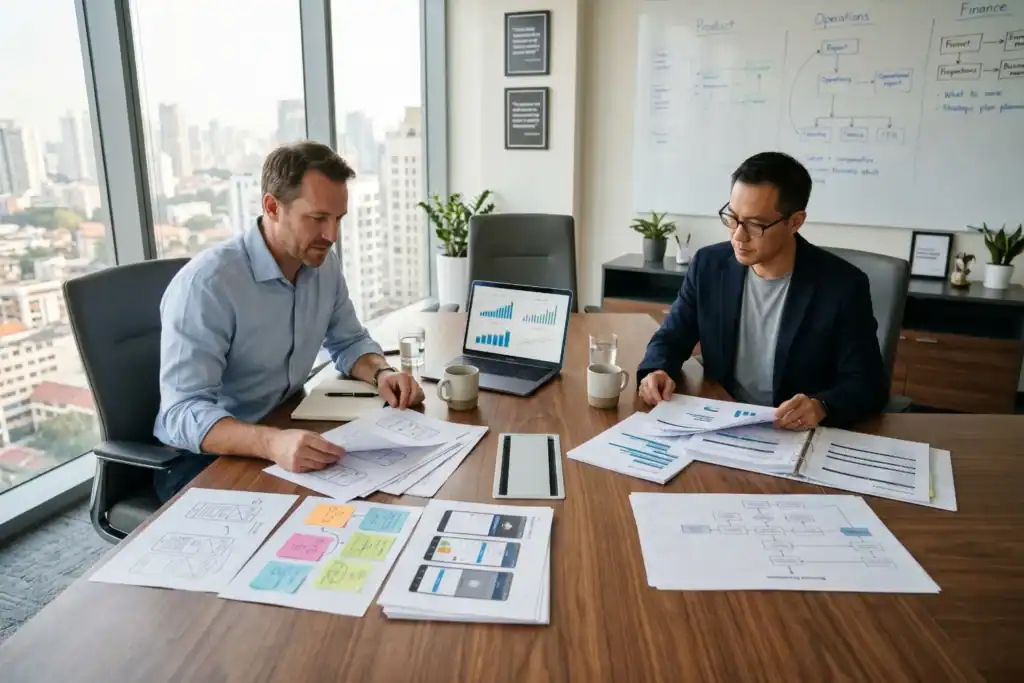 Two men sit across a table in a modern office and review documents and a laptop together. The desk shows organised sections for product ideas, business reports, and financial data.