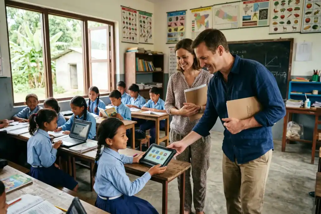 A man and a woman visit a classroom and support children who use laptops and books for learning. The room looks simple and bright, with sunlight coming through open windows.