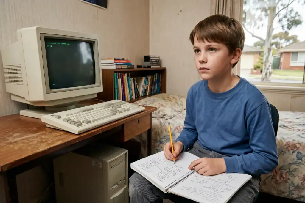 A young boy sits at a simple desk in his bedroom and writes in a notebook beside an old computer. The room looks modest and slightly dated, with soft light coming through a window.