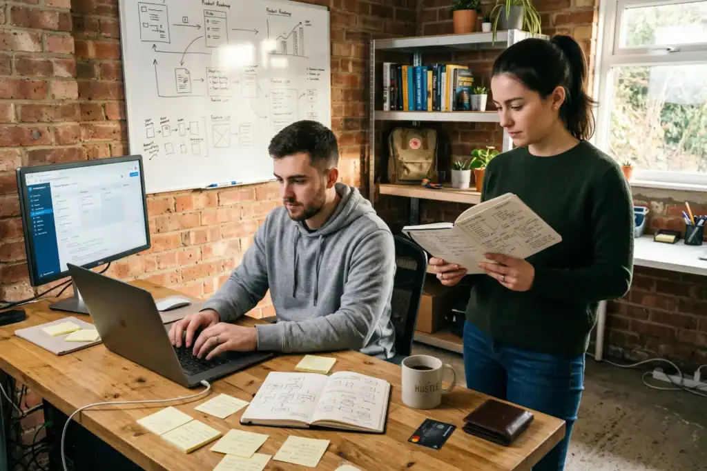 A young man works on a laptop at a simple desk while a young woman stands beside him with a notebook of plans. The room has a startup feel with notes, sketches, and a whiteboard in the background.