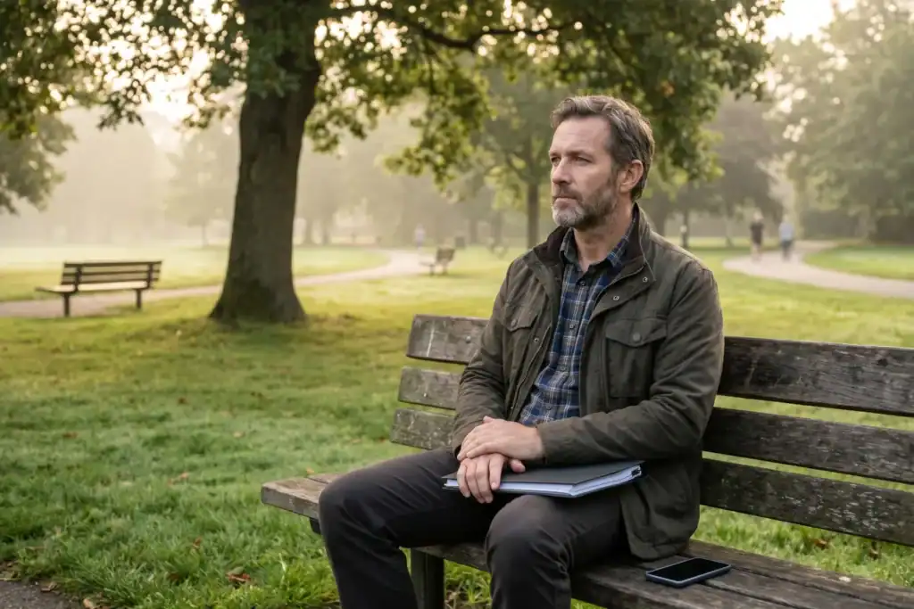 A man sits on a park bench holding documents as he thinks about debt and business closure. The quiet park has trees and soft morning light.