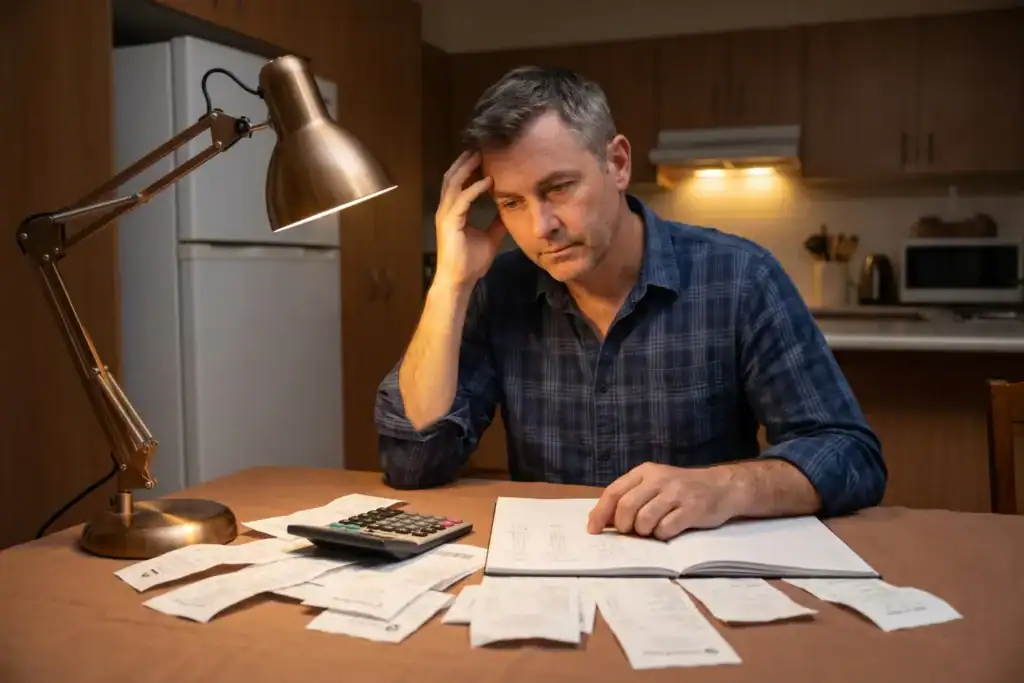 A male business owner sits at a kitchen table surrounded by receipts and a calculator as he reviews expenses. The image reflects how to close a Pty Ltd company in Australia.
