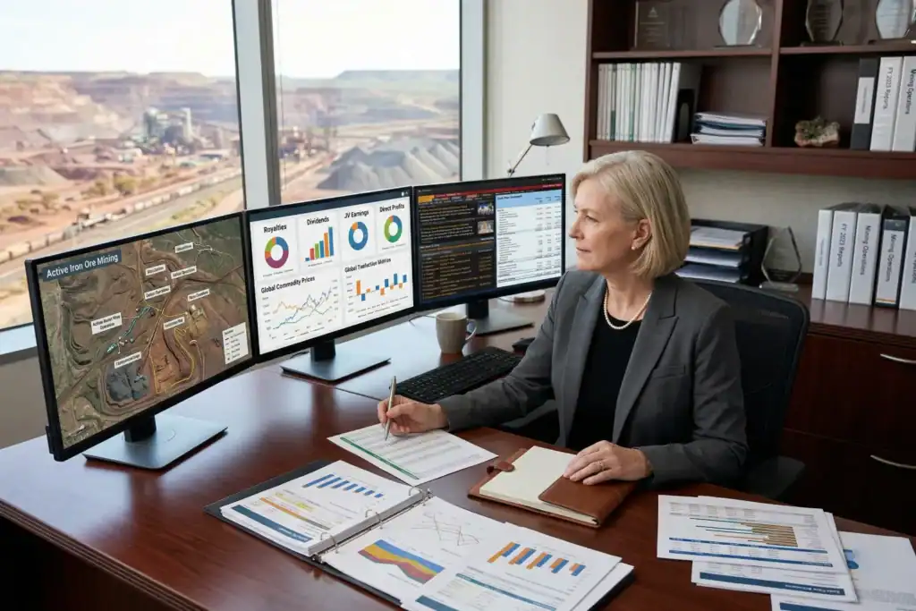 A woman sits at a desk in an executive office and reviews financial charts on multiple screens and papers. A distant mining site is visible through the large window behind her.