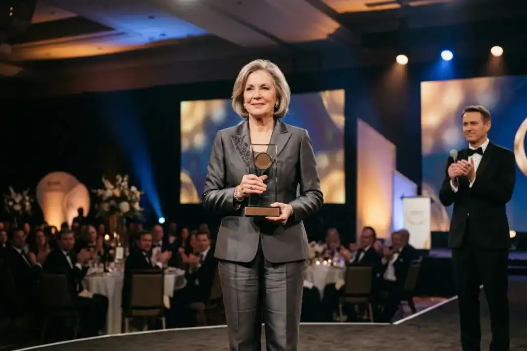 A woman stands on a stage and holds an award while facing an audience in a formal venue. A man in a suit stands nearby as soft lighting highlights the ceremony setting.