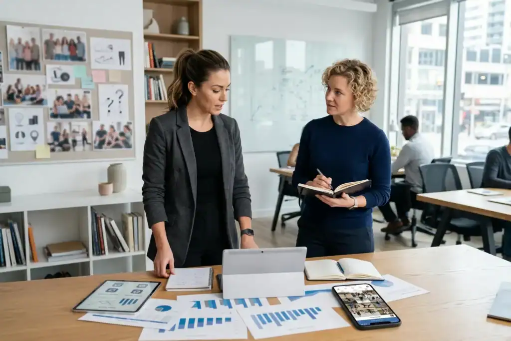 Two women stand in a bright office and review charts and business plans on a table. A phone and wall board show signs of a fitness community and growing brand.
