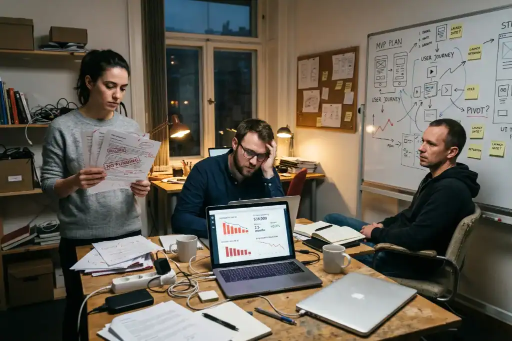 A man and a woman sit with another man in a small office filled with papers and a whiteboard covered in plans. They look tired but focused as they review documents and a laptop late in the evening. The image symbolises Cliff Obrecht, Melanie Perkins, and Cameron Adams' struggle while trying to start Canva.