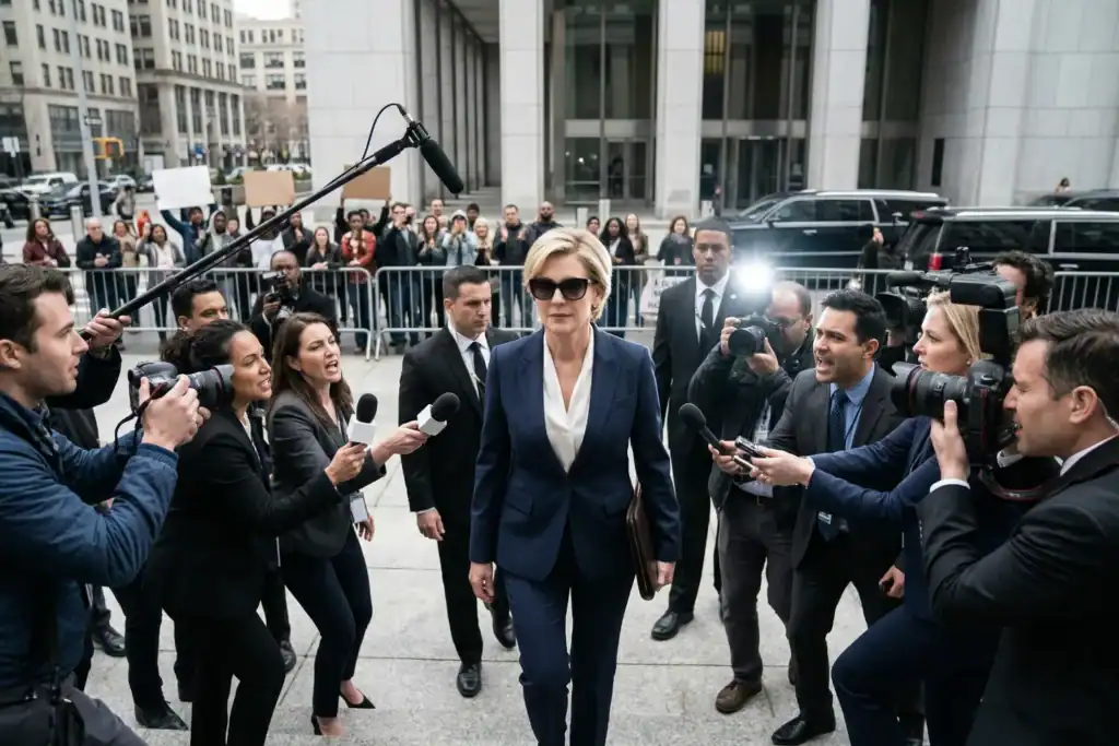 A woman in a formal suit walks past a crowd of journalists outside a courthouse. Cameras flash as reporters gather around her while she looks straight ahead with a calm expression.