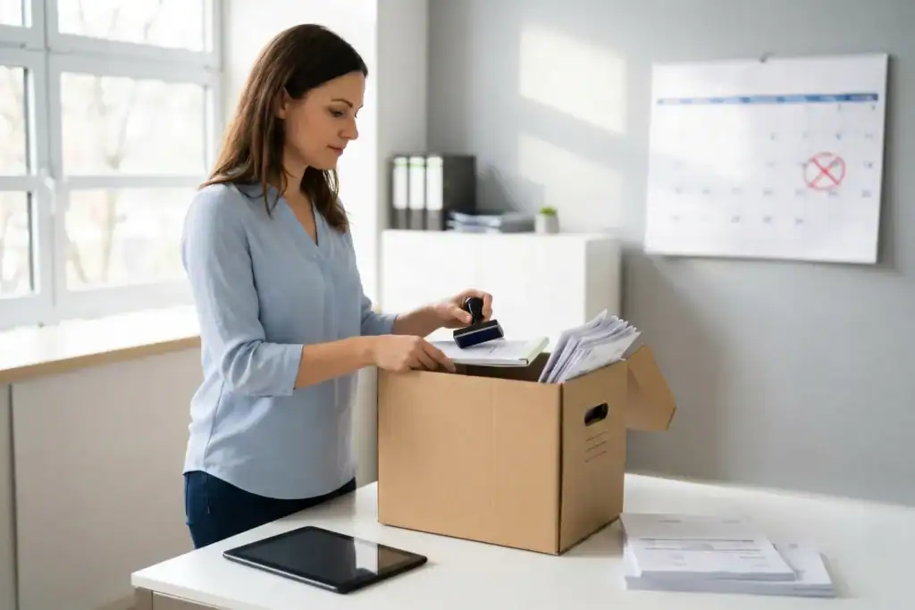 A woman packs business tools and documents into a box in a quiet office. The desk nearby holds unused invoices and a dim tablet screen.