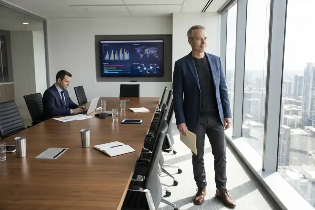 A man stands in a boardroom after a leadership change while another man sits at the table with a laptop. The room is bright with large windows and a view of a city skyline.