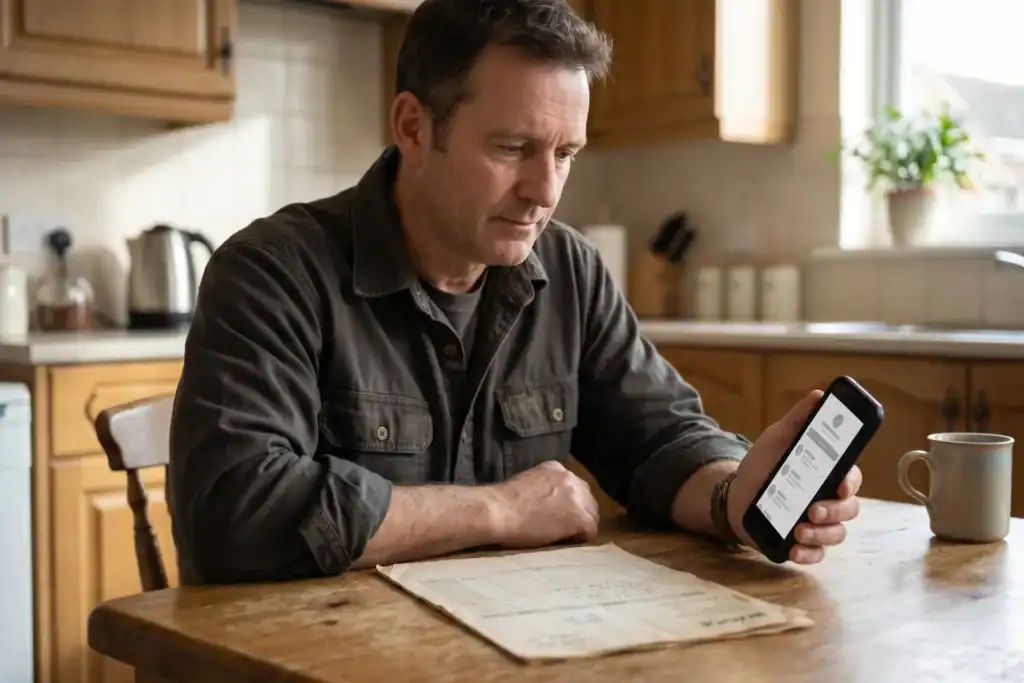 A man sits at a table and looks at an old invoice while checking his phone. The scene shows how to close an ABN and stop using it for new business activity.