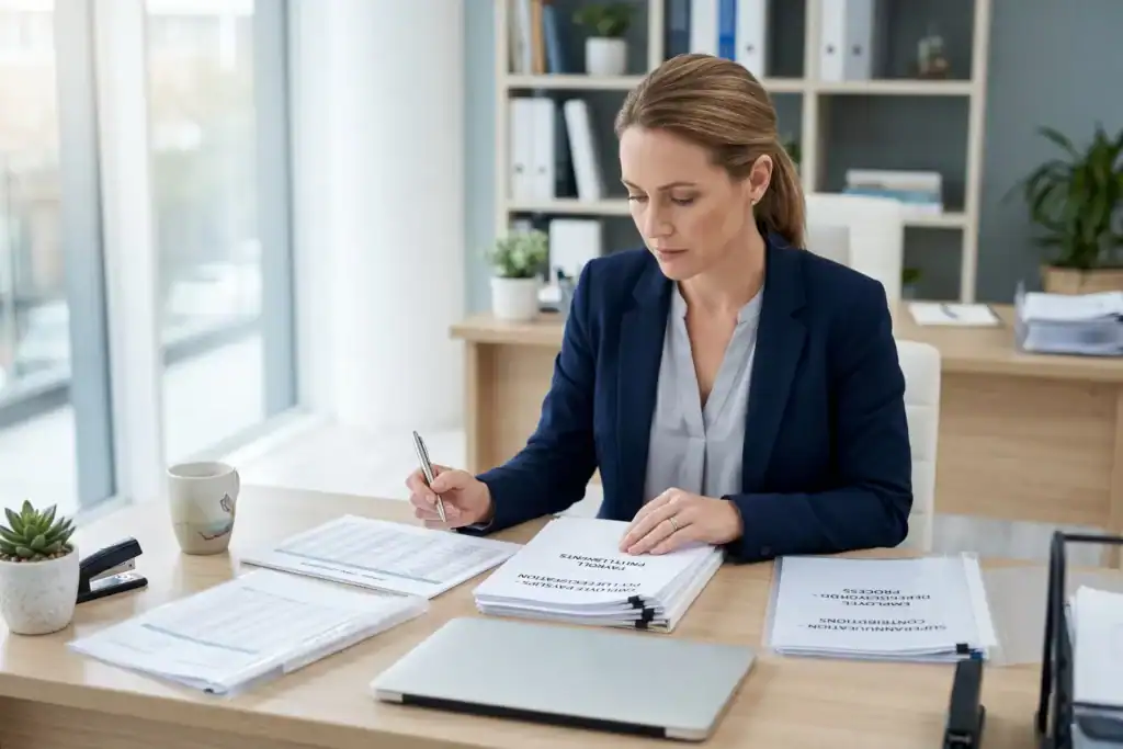 A female HR manager reviews payroll documents at a desk in a quiet office. The image reflects how to close a Pty Ltd company in Australia.