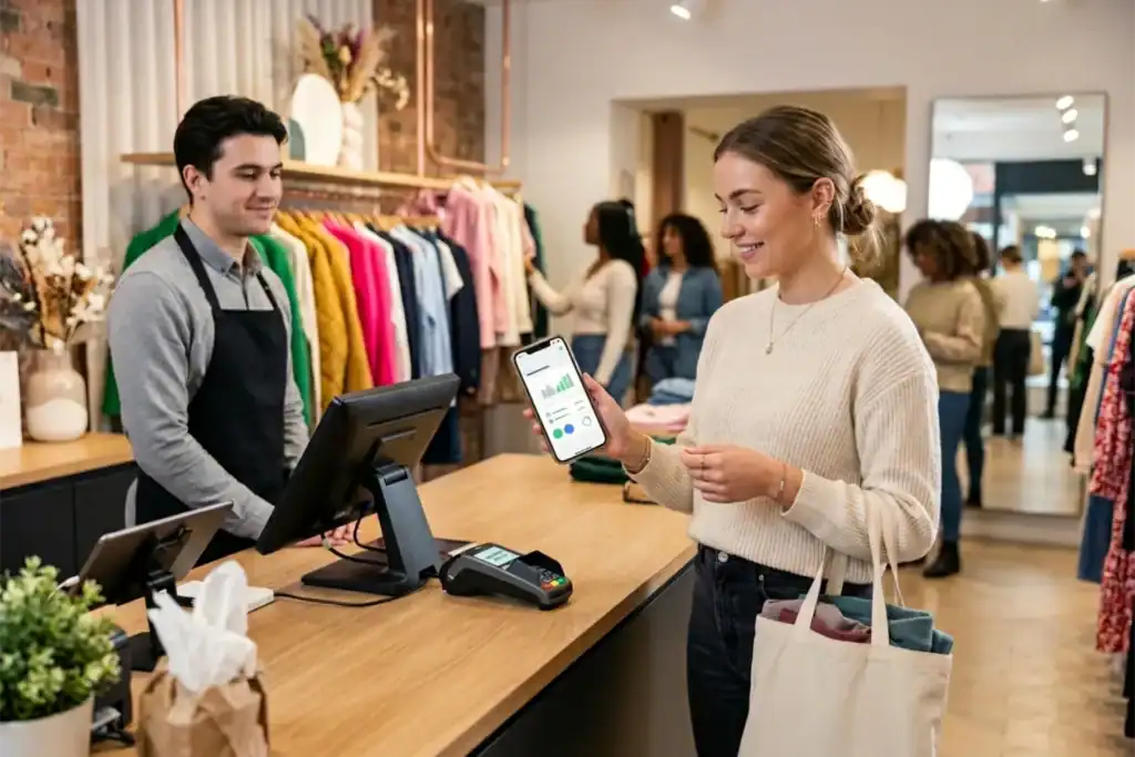 A young woman stands at a clothing shop counter while completing a split payment on her phone. A male cashier watches as she holds shopping bags in a brightly lit retail store.