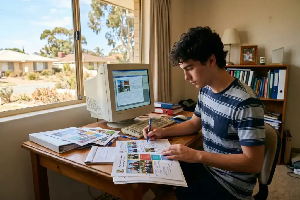 A young man sits at a desk in a simple home while he reviews printed design pages next to a desktop computer. Sunlight comes through a window and shows a quiet suburban neighborhood outside.