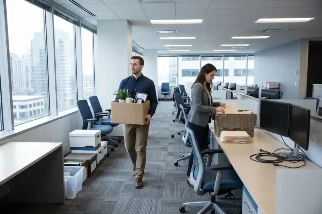 A male worker carries a box of belongings through an empty office while a female colleague packs files. The scene reflects how to close a Pty Ltd company in Australia.