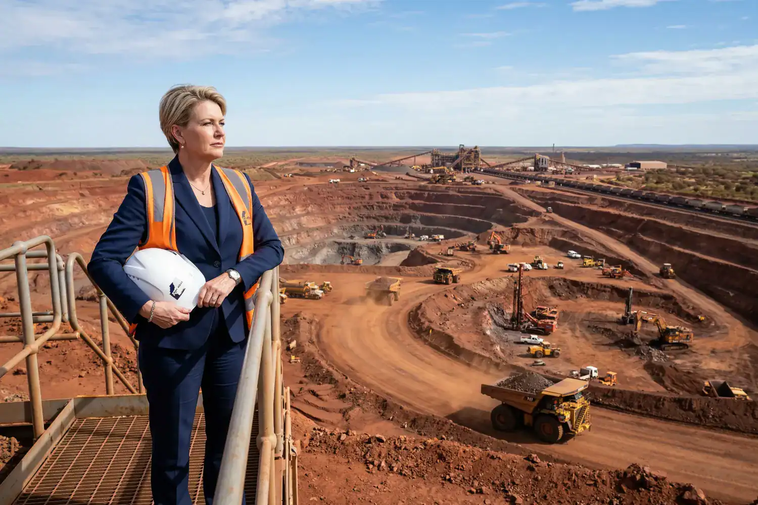 A woman in a business suit stands above a large open-pit mine and looks over heavy machinery working below. The red earth landscape stretches far into the distance under a bright sky.