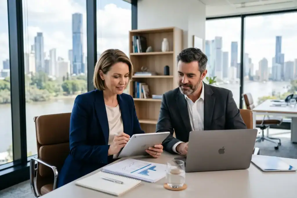 A businesswoman sits at a desk reviewing financial charts on a tablet while her husband looks at a laptop beside her. They are in a modern office with large windows and a city view.